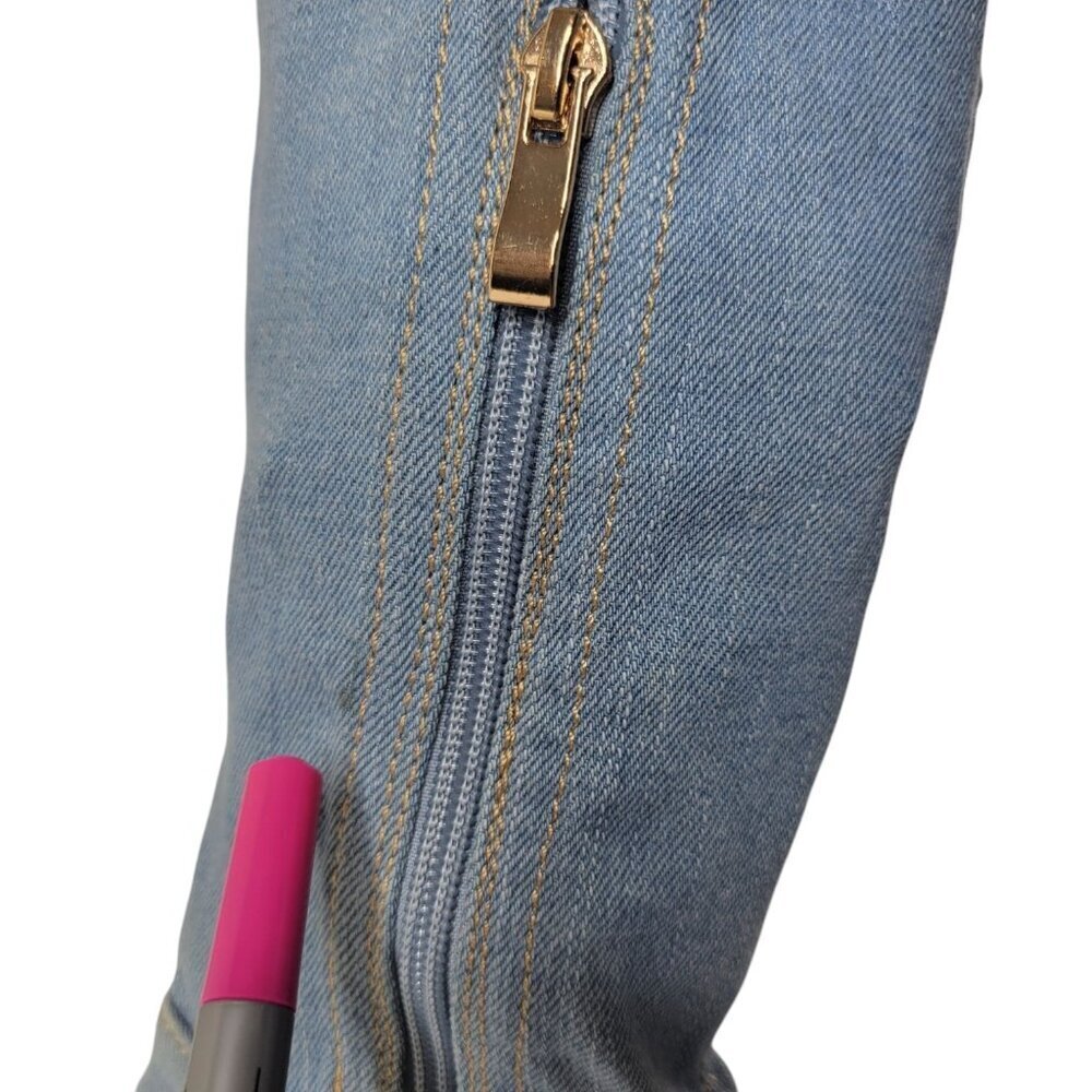 Akira Floral Embroidered Boots Sz 6.5 Thigh High Denim Peep Toe Stiletto 4.5" - Picture 5 of 16